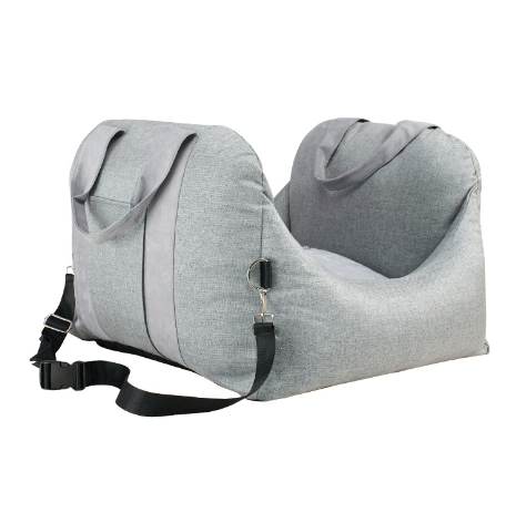 Beige pet car carrier seat with tan straps and a separate red pet seatbelt leash for safe car travel. - Image 8