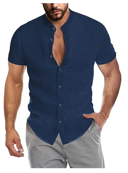Camisa Cardigan de Lino con Cuello Alto y Manga Corta para Hombre - Image 12