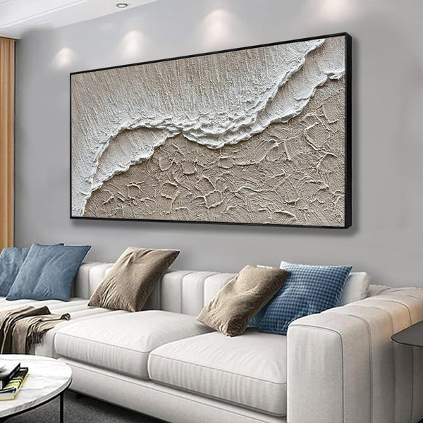Cuadro Óleo Playa Texturizado Olas del Mar Pintura Manual Lienzo Blanco Decoración Moderna