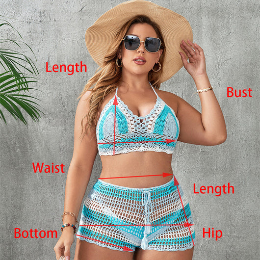 Woman in a blue and white striped crochet two-piece swimsuit with a halter top and high-waisted shorts. - Image 9