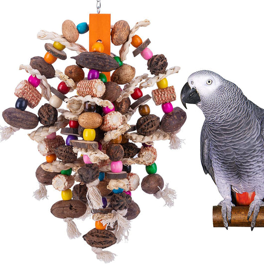 Colorful wooden bird toy with natural pods and beads, hanging in a cage for large and medium parrots. - Image 5