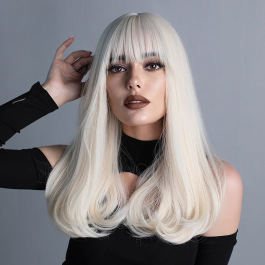 Peluca Rizada Larga con Flequillo Estilo Europeo Tono Platinado Corte Pera