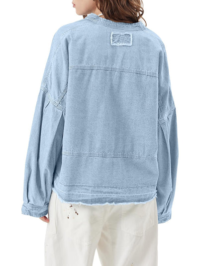 Blusa Denim Holgada de Cuello V y Manga Larga Versátil - Image 15