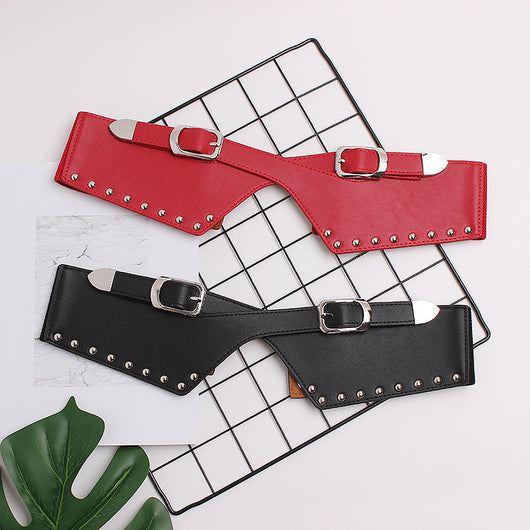 Camel elastic wide belt with silver-toned buckles and rivets, featuring a V-shaped faux leather front. - Image 3