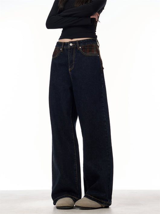 Jeans Retro Patchwork Cuadros Azules para Mujer Corte Recto y Holgado - Image 7