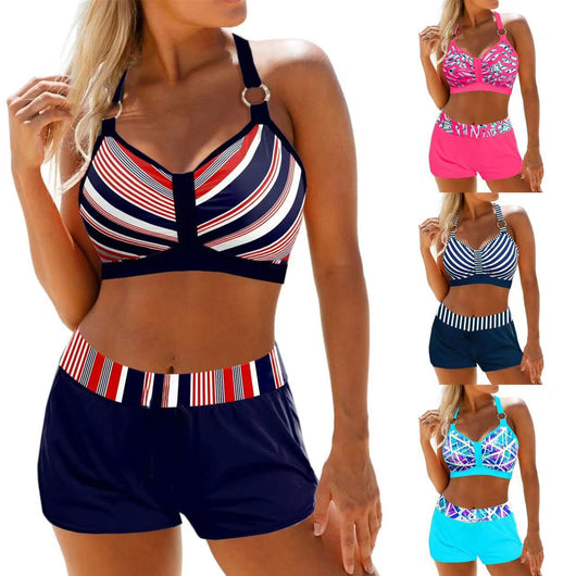 Women's hot pink high-waisted bikini with multi-color stripe print halter top and boxer shorts. - Image 7