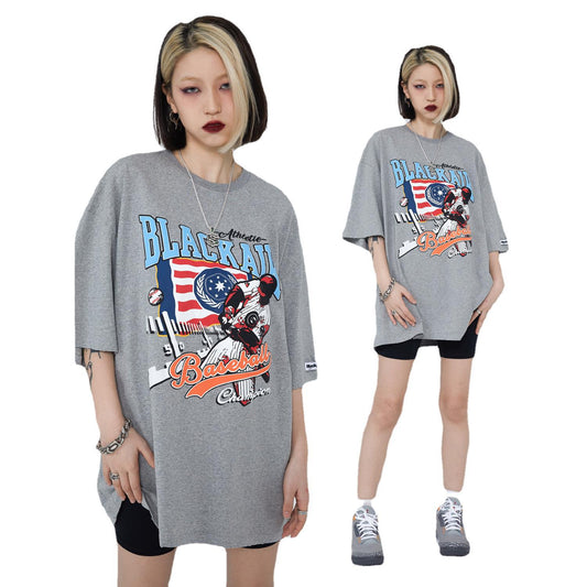 Camiseta Vintage Estilo Baseball Desgastada Suelta Manga Corta - Image 2