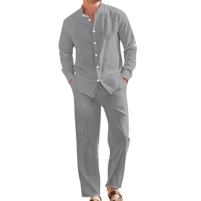 Conjunto de Camisa de Lino con Cuello Mao y Pantalón Holgado para Hombre - Image 8
