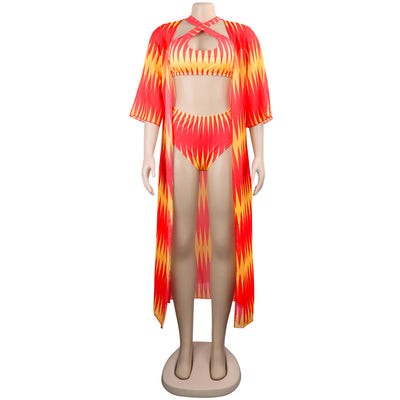 Women's blue and yellow geometric print bikini with high-waisted bottoms and a matching sheer kimono cover-up. - Image 21