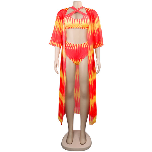 Women's blue and yellow geometric print bikini with high-waisted bottoms and a matching sheer kimono cover-up. - Image 21