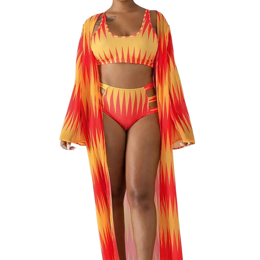 Women's blue and yellow geometric print bikini with high-waisted bottoms and a matching sheer kimono cover-up. - Image 6