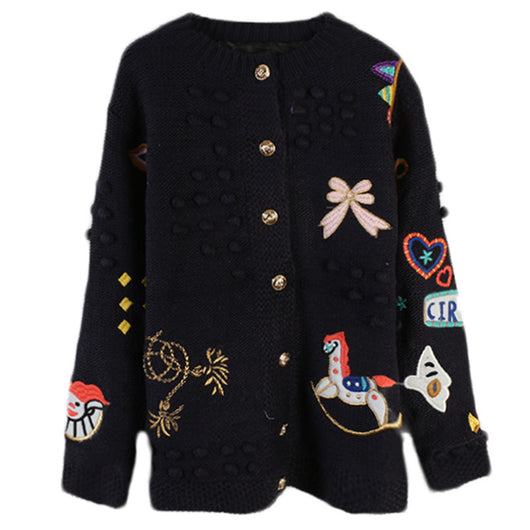 Cardigan Suelto de Punto con Bordado de Dibujos Animados para Mujer - Image 4