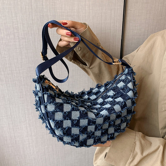 Bolsa de Hombro Underarm Denim con Diseño Cuadrícula Escocesa