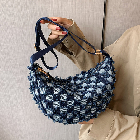 Bolsa de Hombro Underarm Denim con Diseño Cuadrícula Escocesa