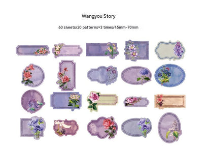 60-piece retro floral writable sticker package with 20 unique vintage garden label designs in various shapes and colors. - Image 6