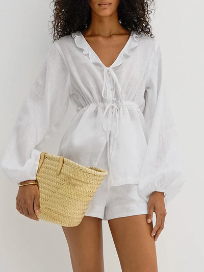 Blusa de Lino y Algodón con Mangas Farol - Estilo Europeo Moderno - Image 15