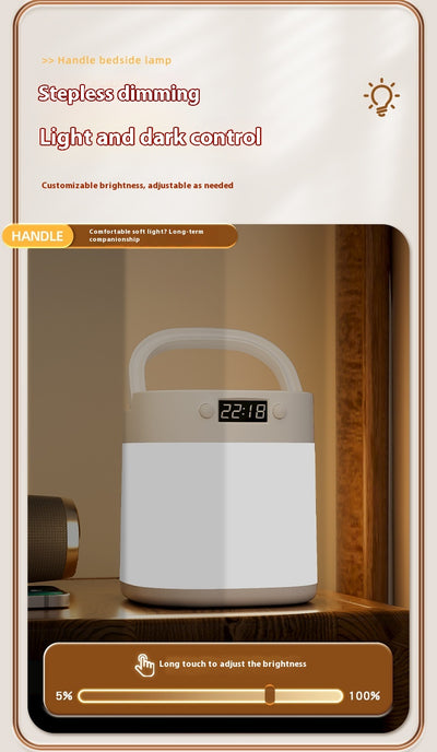 White rechargeable LED table lamp with a digital clock display and a light gray carrying handle. - Image 11