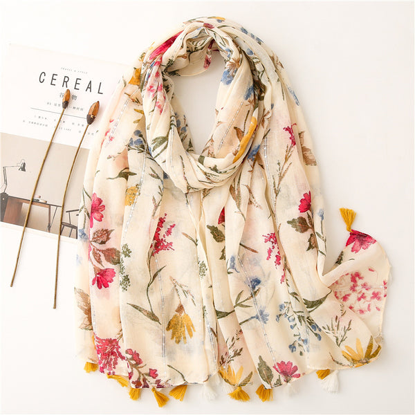 Pañuelo Largo Protector Solar Estilo Retro con Lentejuelas y Flores de Arroz