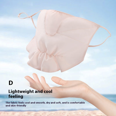 Pink chiffon sun mask with ear hooks, ruffled bottom, and mesh panel for UV protection. - Image 4