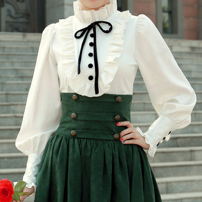 Conjunto Retro: Blusa Blanca con Mangas Linterna y Falda Verde Cintura Alta - Image 10