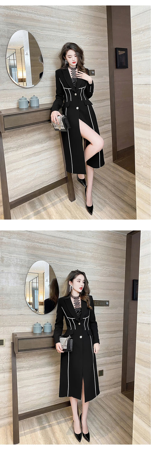 Abrigo Trinchera Negro Midi Elegante para Mujer - Image 10