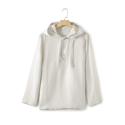 Camisa Suelta de Lino para Hombre con Capucha y Color Sólido - Image 9