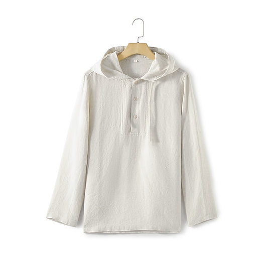 Camisa Suelta de Lino para Hombre con Capucha y Color Sólido - Image 9