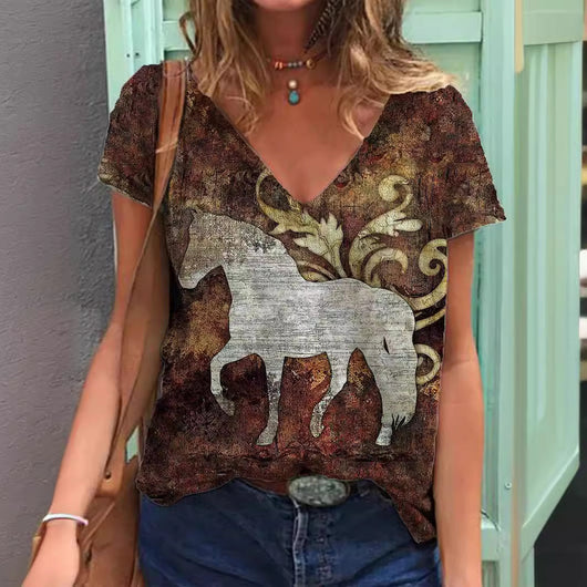 Playera Cuello V Estampado Retro 3D para Mujer - Image 3