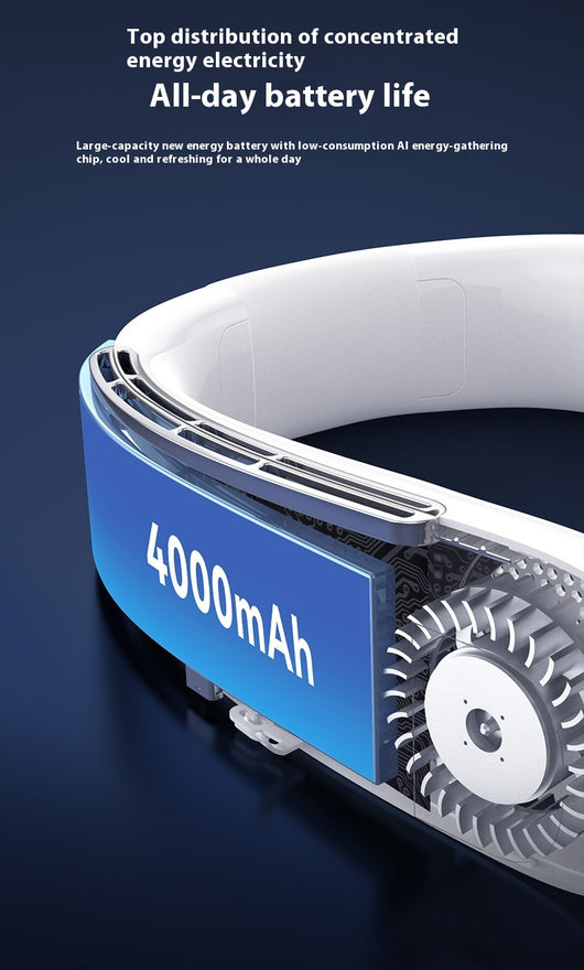 Light blue U-shaped neck fan with a digital display showing 100% charge and multiple air vents. - Image 14