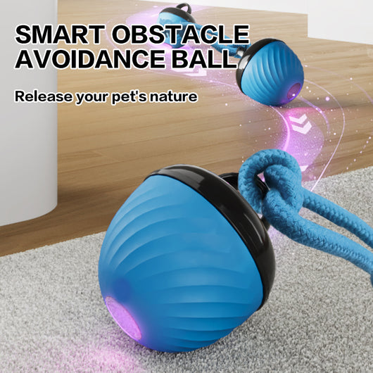 Red and black smart interactive pet toy ball with a textured swirl pattern and an attached red rope. - Image 3