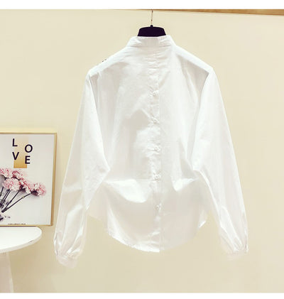 Blusa Casual de Cuello en V y Manga Larga para Mujer - Blanco Versátil - Image 5