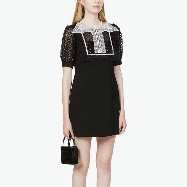 Vestido Slim con Encaje de Malla y Manga Abullonada Brillante