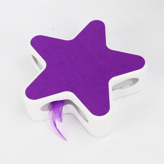 White star-shaped cat toy with a bright green felt top and a yellow-green feather peeking from a side opening. - Image 4