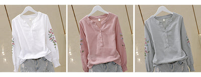 Blusa de Algodón con Escote V y Bordado Plisado Manga Larga - Image 8