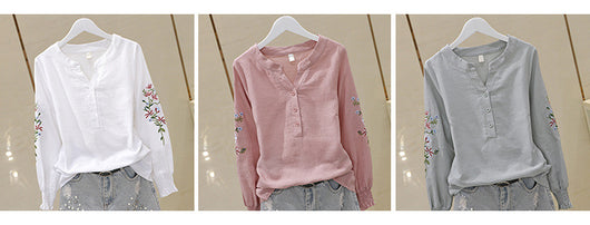 Blusa de Algodón con Escote V y Bordado Plisado Manga Larga - Image 8