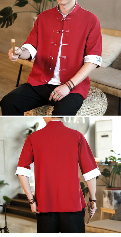 Camisa Hanfu Retro Estilo Chino con Cuello Mao y Manga 3/4 en Algodón y Lino - Image 10
