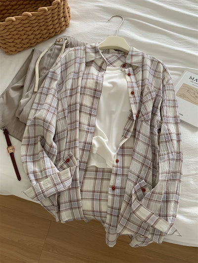 Camisa Cuadriculada de Algodón Retro Lavado Artístico para Mujer - Image 5
