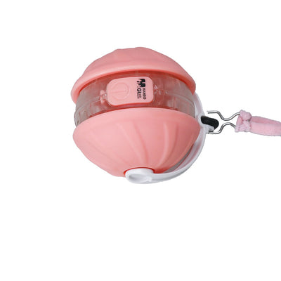 Light blue and white automatic rolling cat toy ball with a purple faux tail, featuring a power button. - Image 13