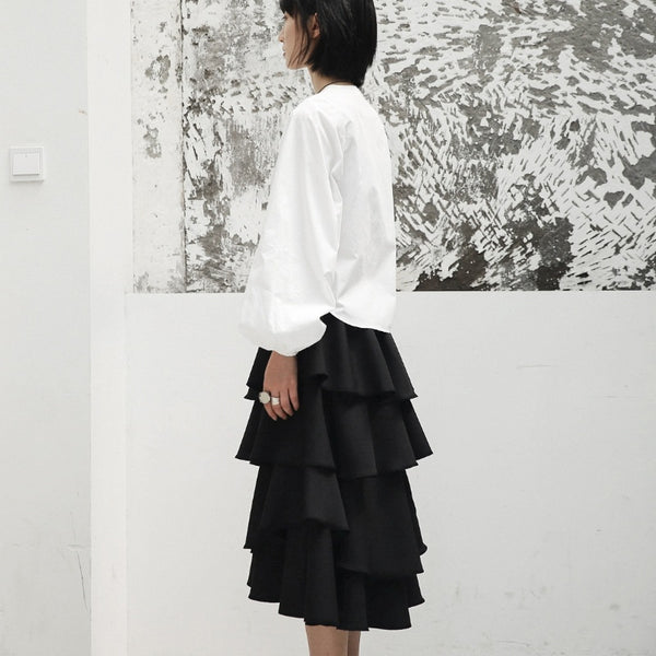 Blusa Blanca con Cuello de Pie y Mangas Globo - Primavera y Otoño