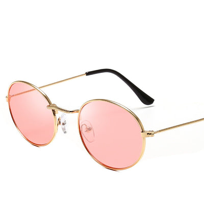 Retro round frame sunglasses with gold metal frames, black lenses, and black temple tips on a white background. - Image 16