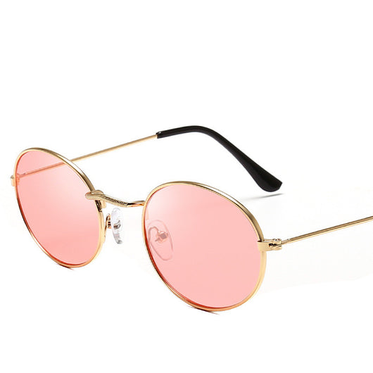 Retro round frame sunglasses with gold metal frames, black lenses, and black temple tips on a white background. - Image 16