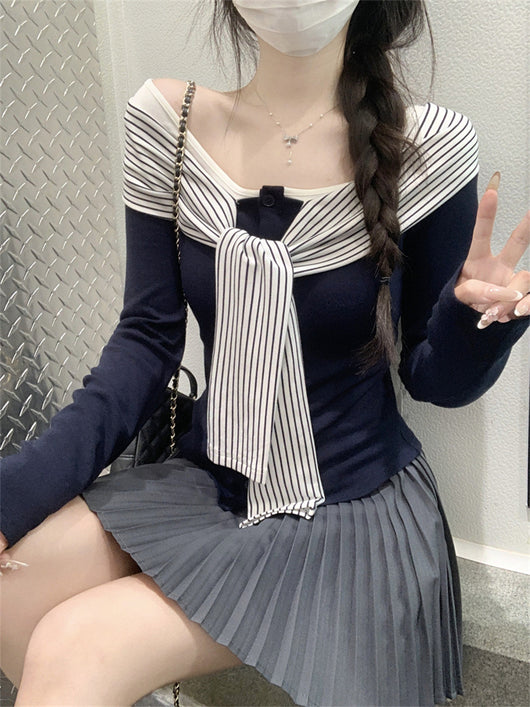 Blusa Rayas con Cordones y Encaje Manga Larga para Mujer - Image 6