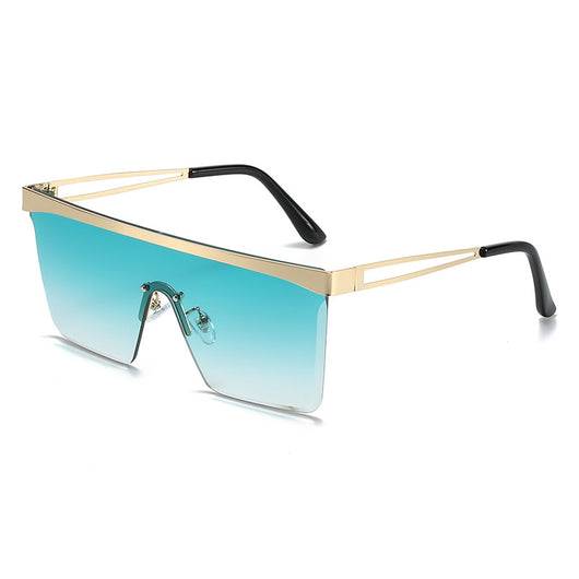 Gold frame square sunglasses with a one-piece gradient blue lens and black temple tips. - Image 6