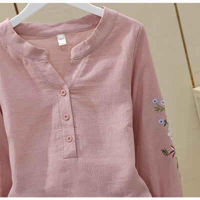 Blusa de Algodón con Escote V y Bordado Plisado Manga Larga - Image 13