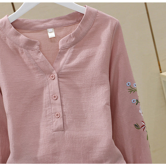 Blusa de Algodón con Escote V y Bordado Plisado Manga Larga - Image 13