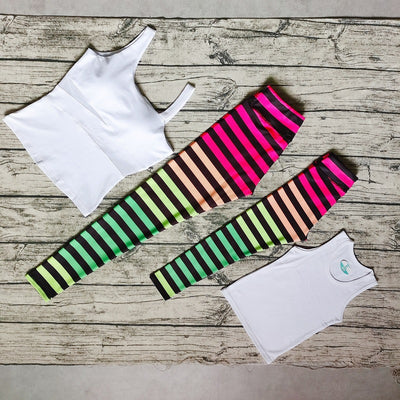 Parent-child dance fitness yoga suit with black tank tops and vibrant pink, orange, and green striped leggings. - Image 19