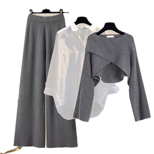 Conjunto de 3 Piezas: Suéter Tejido, Camisa y Pantalón Ancho - Image 5