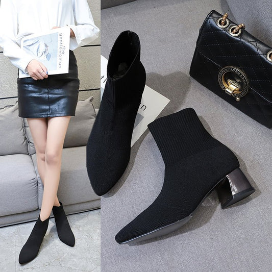 Botas de Caña Media con Tacón Robusto en Lana para Mujer - Colección Otoño