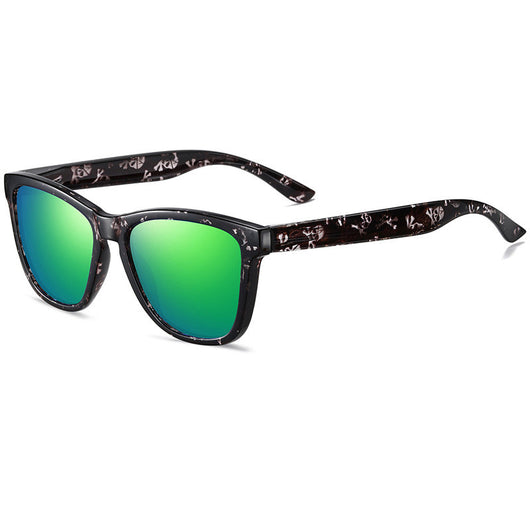 Universal polarized retro square sunglasses with a multi-color camouflage pattern frame and dark lenses. - Image 11