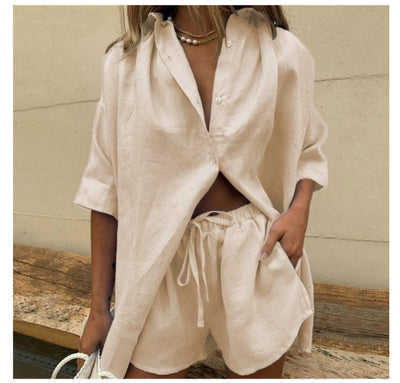 Conjunto de Dos Piezas: Camisa Manga Corta con Solapa y Pantalón Ancho con Shorts de Cordones - Image 10
